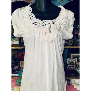 VINTAGE VIVIENNE TAM CREAM TOP W/ LACE, CUTOUTS, PINK SATIN EMBELLISHMENT M